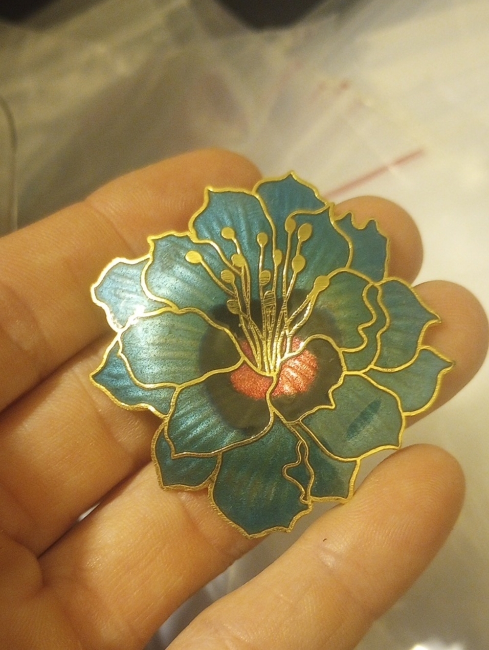 Teal Cloisonne Flower Brooch with Gold Accents